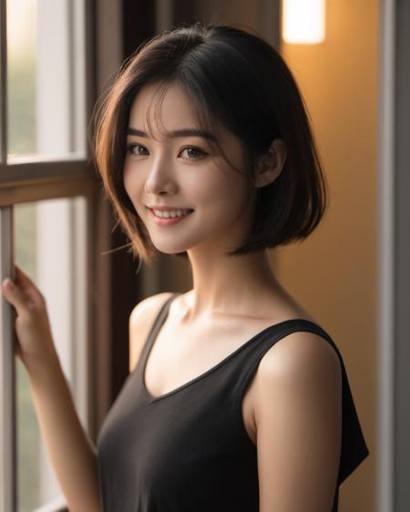 (Asian:0.5),woman,black shirt,cute,short hair,long hair,hyperdetail,Dynamic light,standing, (indirect lighting), Window light,(Natural smile:0.3)