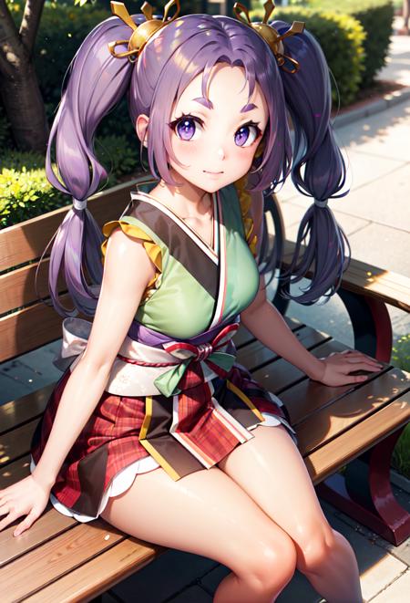 iroha purple hair, purple eyes, twintails sun hair ornament, default_dress, bow, sleeveless