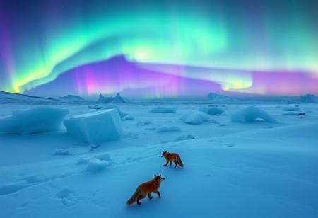 A breathtaking shot on the polar glacier: Panoramic view of the azure icebergs reflecting the vibrant aurora borealis, casting an ethereal glow across the vast snowy expanse. In the distance, wispy trails of green and purple lights dance in the night sky, as a few Arctic foxes stroll leisurely, their fur blending seamlessly with the icy landscape.