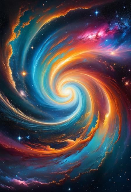 Cosmic concept art. Long shot. Universe with shimmering galaxies and stars in an endless expanse. Full frame. Breathtakingly cinematic. halos of light around celestial bodies. Vibrant colors and dynamic gradients in the stars. Explosive spirals of galaxy arms. Vibrant colors and luminescent shading. Hubble-inspired, deep space exploration, nebulae, breathtaking vistas, incredible detail, vibrant oil painting.