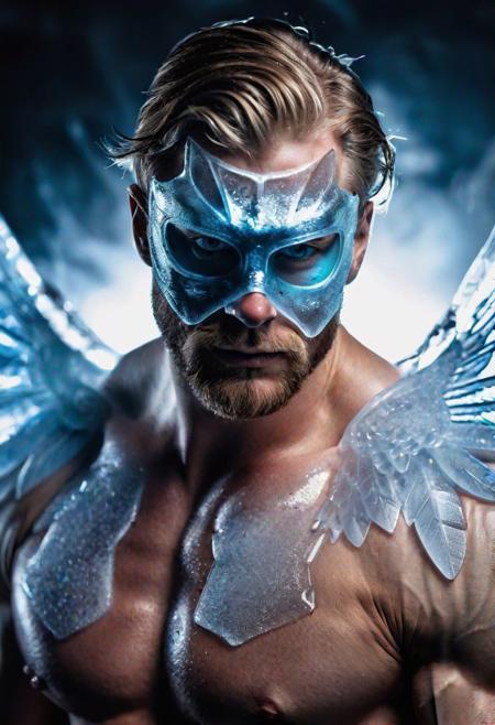 high quality, photo of 30 y.o muscular Scandinavian man, upper body, face mask of translucent ice, wings of translucent ice on his back, icy blue eyes, detailed face, shirtless, cinematic shot, dramatic lighting, blizzard