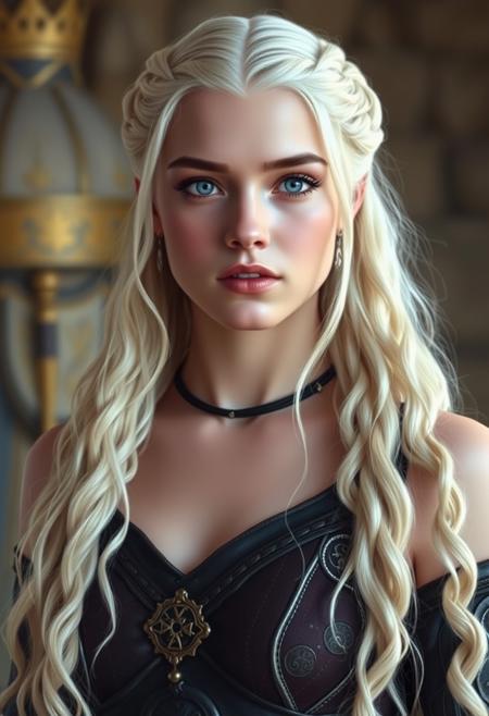 A young woman in her early twenties, Daenerys has the classical Valyrian look; She has violet eyes, pale skin, and long, pale silver-gold hair. Daenerys is slender of frame, with small breasts. She is said to resemble Queen Naerys Targaryen, though Daenerys is taller and stronger.