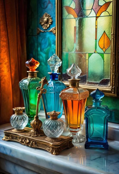 Classic photography, sculpture in Art Noveau style, realistic, photografic, many perfume glass, right angles, translucent, blue, green and orange, vibrant colors, with golden labels, classic perfume labels, detailled, in a vintage bathroom, toillete, near a window, in a old victorian house, perfect composition, perfect geometry, masterpiece
