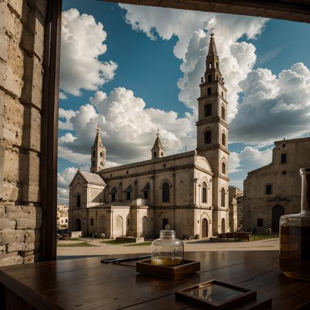 documentary photo of the Cathedral of Matera (church) with its bell tower, a small church on top of a hill, clouds in the sky, inside a square glass jar with lid, placed on a wooden table, extremely detailed, 8K, apocalyptic punk style, miniatures, macro photography in close-up