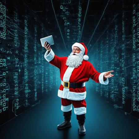 biomechanical cyber santa claus in a virtual world with floating code