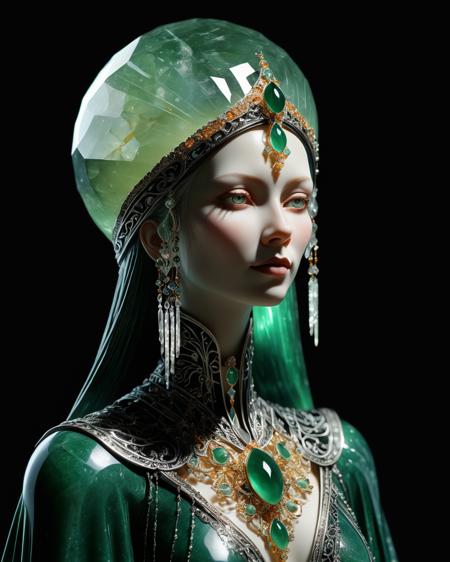 full body sorceress,  AVENTURINE, illuminated face, sunlight shining through gemstone of semi-precious stone, Kay Nielsen, transparency, volumetric lighting, prismatic effect, black background, <lora:add-detail-xl:1.0>