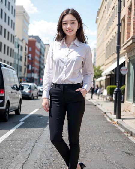 (photorealistic:1.4), (best quality:1.0), (ultra highres:1.0), 8k, RAW photo, (masterpiece:0.2), (big smile with teeth:1.2), (suit, shirt:1.5), full body, standing, 
<lora:zyd232_ChineseGirl_v3_9:0.65> zydG, 1girl, detailed skin, beautiful clean skin, looking at viewer, brown eyes, (small breasts:1.0)