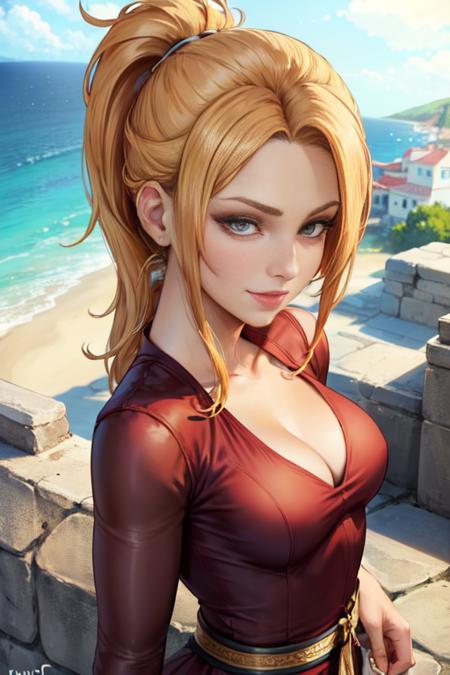 a medium color portrait of tfftgirlv05 wearing a blouse on a greek island smiling, ponytail, masterpiece, best quality