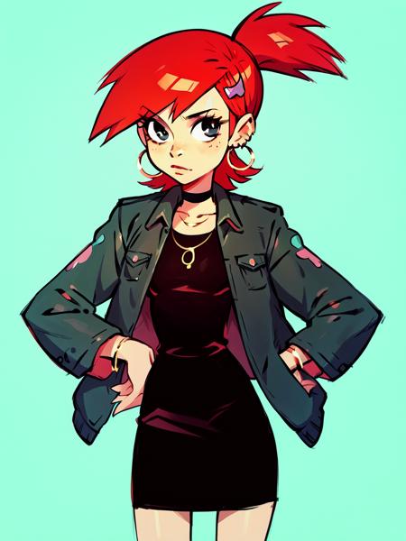 frankie foster, 1girl, solo, skirt, red hair, midriff, skirt, jacket