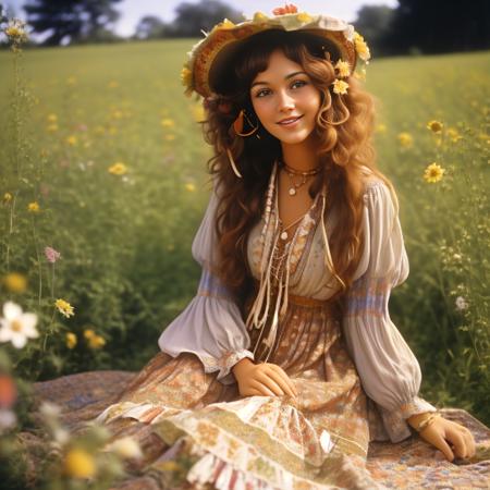 A vintage looking close up photo of a young woman with curly, chestnut brown hair, wearing a flowy bohemian dress with bell sleeves and a floral pattern. She is sitting on a patchwork quilt in a sunlit field surrounded by wildflowers. The environment is peaceful and idyllic, reminiscent of a hippie commune from the 70's. The lighting is soft and warm, casting a nostalgic glow, and the camera angle is slightly off-center, capturing the woman's natural beauty and free-spirited demeanor.
 <lora:RetroStyleV1:0.7> 60Retro69Punch75