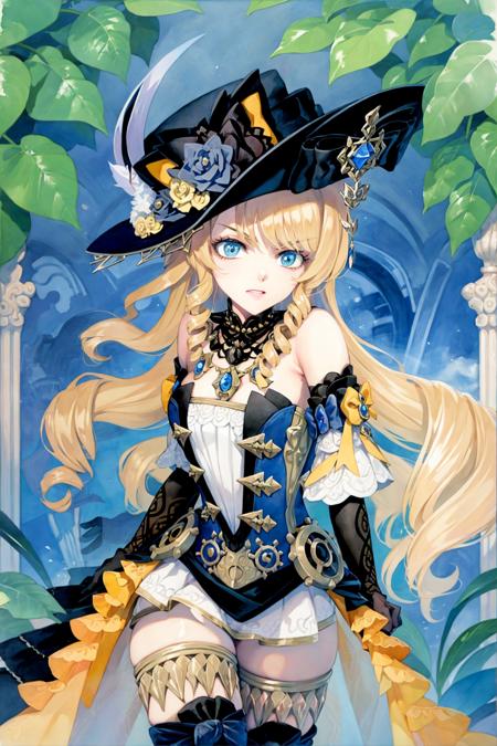 masterpiece, best quality, <lora:style19:1>,watercolor \(medium\), traditional media, 
<lora:navia:1>,1girl, blonde hair, solo, hat, blue eyes, long hair, gloves, drill hair, dress, thighhighs,black gloves, black headwear, thigh boots, bangs, elbow gloves, bare shoulders, parasol, boots, jewelry, flower, twin drills,