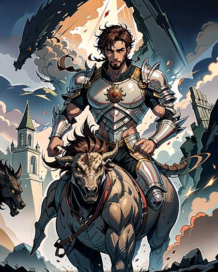 ((masterpiece), best quality, high quality, professional quality, highly detailed, highres, perfect lighting, natural lighting), (1boy, muscular, handsome, goatee, short hair, brown hair), wearing armor, riding a dragon, on a battlefield