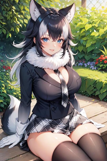 (masterpiece, best quality, ultra detailed), (detailed background, complex background:1.2), (perfect face, detailed face), full-face blush, (milf, mature female:1.4), smile, happy, parted lips, thighs
<lora:grey_wolf:1> grey_wolf, animal ears, wolf ears, long hair, heterochromia, white hair, wolf girl, wolf tail, tail, fur collar, long sleeves, necktie, gloves, large breasts, white gloves, skirt, thighhighs
(garden, outdoors, thighs, sitting, arms support)