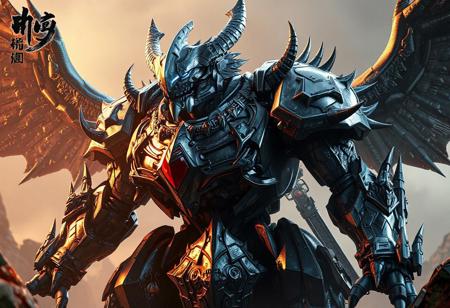 Gouki The Great Ogre robot,epic Harpies' Hunting Ground backgrounds details, black & silver, blue head/visor, red & silver chest plate/joints/spikes, tilted head, dynamic action pose, cinematic lighting, trending on Artstation, Octane Render, Unreal Engine 5 pro, WLOP style, 4K, intricate details, CGSociety, splash ink illustration, Raphael style, Houdini style, grammer effect, golden ratio.