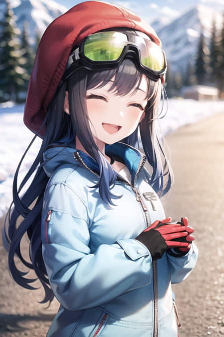 <lora:Anv2-07:0.7> , shian, 1girl, solo, long hair, blush, smile, open mouth, black hair, gloves, long sleeves, hat, jacket, closed eyes, upper body, :d, outdoors, sky, day, cloud, hood, blurry, tree, blue sky, coat, depth of field, blurry background, ^_^, white headwear, blue jacket, goggles,  hooded jacket, facing viewer, snow, red gloves, goggles on head, winter clothes, winter, goggles on headwear, ice, mountain