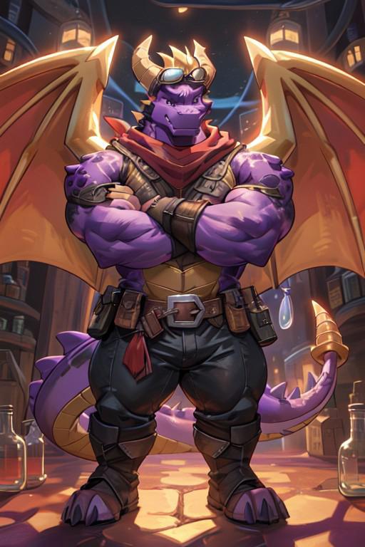 (high quality), ((spyro, dragon wings, anthro), solo, male focus, goggles, goggles on head, red bandana around the neck, (big eyes:1.2, purple iris)) muscular, bodybuilder,  thick muscles, bulky muscles, hyper biceps, biceps, thick arms, thick thighs, huge thighs, thighs, huge legs, thick legs, extremely huge muscular pectorals, large pectorals, manly, smiling, (wearing alchemist outfit, potion vial on belt), standing, arms crossed, detailed face, detailed eyes, detailed body, front full body view, digital art, (fantasy rpg city)