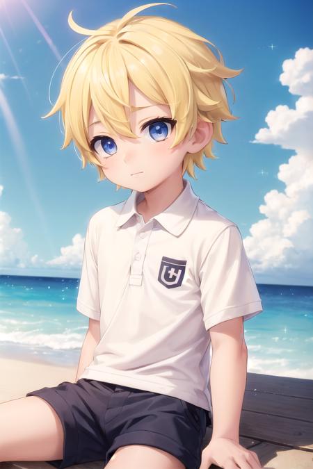 (1boy:1.4), (very short hair), crew cut, (solo:1.4), sfw, (bulge:0.4), male character, ((masterpiece)),
multicolored background, hair between eyes, highlight in eyes, (blonde hair:1.4)
(polo shirt :1.4), short pants, colorful eyes,  male character
multiple details, sky, sea, beach , outside, short hair, handsome,  beautiful eyes (vocaloid), delicate features, high light in eyes, (narrow chin:1.5), triangle chin, (introvert:1.6)
petite, young, juvenile, short hair, male face, detailed beautiful little boy, adorable boy, sparkling eyes,
sitting, faint smile, energetic eyes