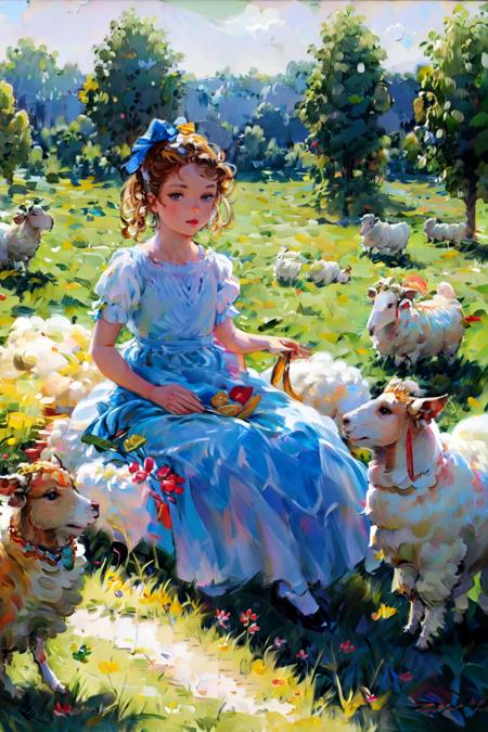 best quality, masterpiece, oil_painting_style,1 girl,  dress,grasslandï¼ sheep <lora:Razumov:0.8>