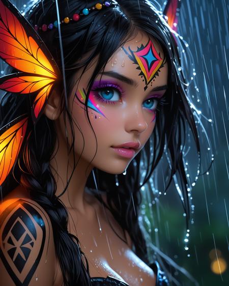 Upper body photo. 1Female. Volumetric lighting, vibrant colors, abstract environment, cute, eyelashes, firm breasts, surreal, pretty girl, vivid colors, looking longingly, seductive, (head tilted up), extreme pleasure, fantastic, gothic, glowing, rain, wet, stars, close up, leaning forward, fairy, wings, fairy wings, tribal body paint, flowers. Highly detailed beautiful expressive eyes. Photorealistic, Natural atmospheric lighting, intricate details, 35mm photograph, film, professional, 4k visuals, highly detailed, elegant, studio quality.