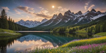 masterpiece, best quality, ultra-detailed, realistic, 8k, a pine tree, flowers fields, many kinds of flowers, a couple of rabbits on very distant, lakes, meadows, glitter, moonlight, out-of-this-world scenery, lifelike, naturalism, greatest naturalism photo, immaculate detailed realism photography, rich colors, best colors perfect composition, perfect colors, colorful, clear photo, intrigue nature panorama, delicate nature photo, immaculate micro-details nature elements, out-of-this-world scenery, landscape, flowers, crystal fantastic, breathtaking beautiful nature, unmatched beauty nature, more nature elements, rich nature elements, aesthetic, artistic style, surreal, insanely lifelike, top best naturalism photography, greatest detailed, intricate details, depth of field, no human, detailerlora,
