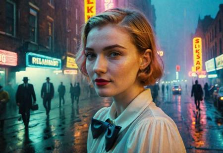 (((wide shot))), book cover of a (Movie Still), vintage return of the cyberpunk army in neon city, raining, cinematic lighting, 4 k, by greg rutkowski, ((wide shot)), (estabilshing shot), city street shot, (full body), ((looking to the right), looking away, ((neon)), (((fog))), volumetric, young ginger woman, (realistic, photo-realistic:1.37), ultra-detailed, 1 girl,cute, solo,beautiful detailed sky,detailed cafe,night,sitting,dating,(nose blush),(smile:1.1),(closed mouth) medium breasts,beautiful detailed eyes,(collared shirt:1.1), bowtie,pleated skirt,(short hair:1.2),floating hair, Aligned eyes,  Iridescent Eyes,  (blush,  eye_wrinkles:0.6),  (goosebumps:0.5),  subsurface scattering,  ((skin pores)),  (detailed skin texture),  (( textured skin)),  realistic dull (skin noise),  visible skin detail,  skin fuzz,  dry skin,  hyperdetailed face,  sharp picture,  sharp detailed,  (((analog grainy photo vintage))),  Rembrandt lighting,  detailed face,  8k resolution, <lora:epiNoiseoffset_v2-pynoise:-1>
