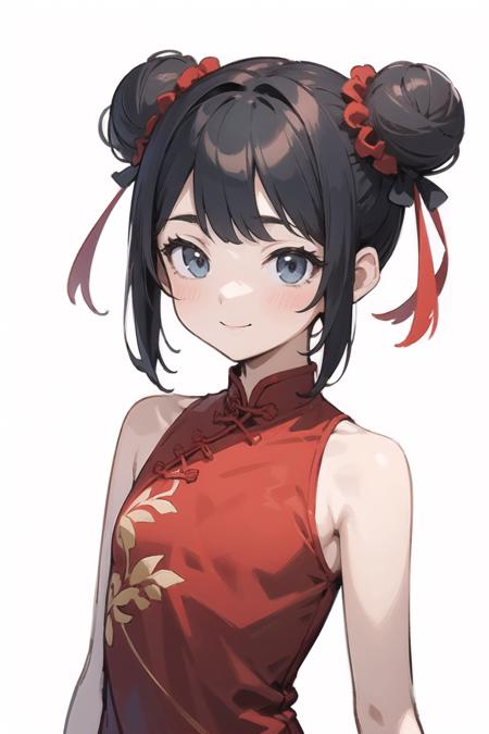 (finely best quality illustration:1.2), (kawaii girl:1.0), (1girl, solo:1.0), (black short hair, double bun:1.0), (red cheongsam, bare shoulders:1.0), (flat chest:1.0), (smile:0.8), (upper body:1.0), (ultra-detailed, highres:1.0), (sfw:1.0),