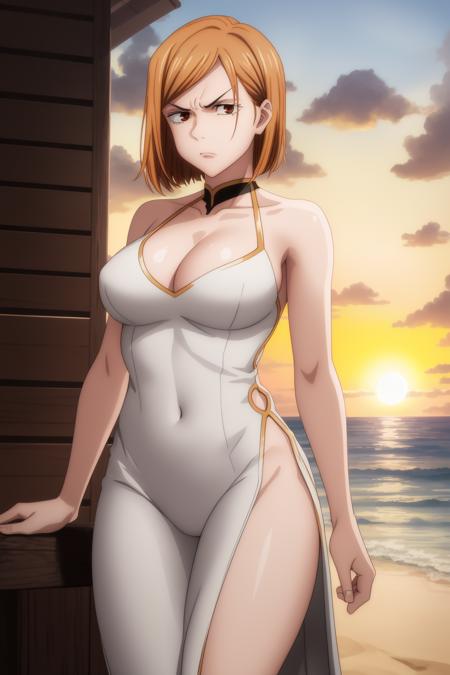 masterpiece, best quality, high quality, 
outdoors, beach, sunset, 
looking at viewer, cowboy shot, 
white dress, gold trim,  revealing_clothes, side slit, cleavage, angry, glaring, 
Nobara, <lora:Nobara-10:1>