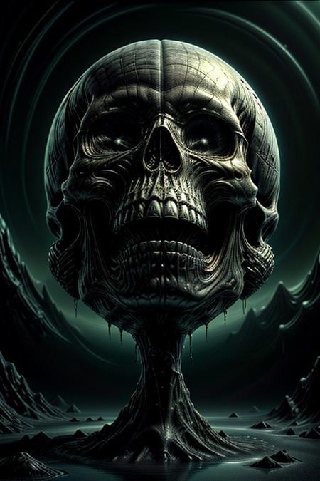 A close-up photorealistic image of a crystallic floating skull facing dynamic view with its mouth open, pouring from it's mouth a shimmering liquid resembling the universe onto the ground, filled with rich stars and swirling galaxies. A simple void background enhances the dark atmosphere, shrouded in fog, capturing the hypnotic flow and shimmer of the cosmic liquid,