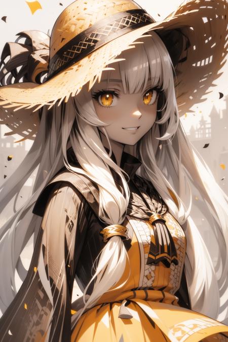 masterpiece, best quality, 8K, highly detailed, 4k, very long hair, (hair flaps), (shiny hair), flipped hair, grin, ((monochrome)), yellow eyes, close-up, straw hat, (shaded face), white sundress, slit pupils, (anime) by WLOP, trending on ArtStation, bj_Fault art, SMM