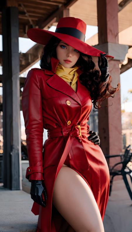 straight-on, upper body, solo, BREAK 
CARTOON_carmen_sandiego_ownwaifu, www.ownwaifu.com, carmen_sandiego,
long hair, black hair, lipstick, makeup, red lips, breasts, lips, blue eyes, mature female, curly hair, dark skin,  long legs, narrow waist, curvy, 
trench coat, witch hat, belt, red headwear, black gloves, red coat, long coat, scarf, yellow scarf, buttons, big hair, 
<lora:CARTOON_carmen_sandiego_ownwaifu-15:1> ,, official art,extremely detailed CG unity 8k wallpaper, perfect lighting,Colorful, Bright_Front_face_Lighting,shiny skin, (masterpiece:1.0),(best_quality:1.0), ultra high res,4K,ultra-detailed, photography, 8K, HDR, highres, (absurdres:1.2), Kodak portra 400, film grain, blurry background, (bokeh:1.2), lens flare, (vibrant_color:1.2),professional photograph, (beautiful_face:1.5),