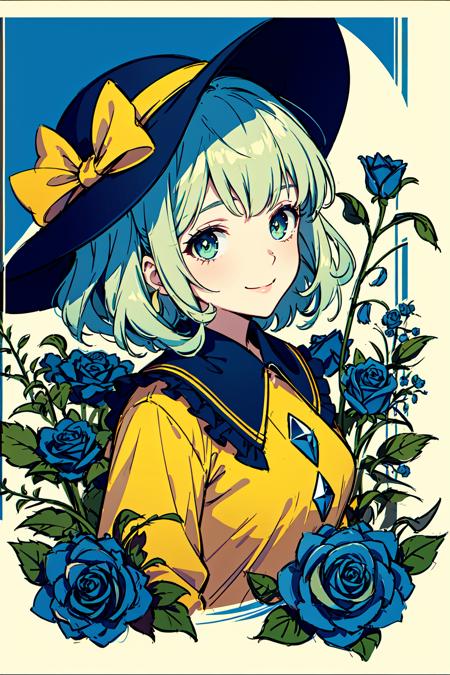 masterpiece, top quality, best quality, official art, beautiful and aesthetic,
1girl, solo, komeiji koishi, hat, blue flower, blue rose, bow, long sleeves, flower, letterboxed, rose, looking at viewer, shirt, hat bow, smile, black headwear, yellow shirt, upper body, heart, short hair, frills, heart of string, ribbon, bangs, hat ribbon,
extreme detailed,highest detailed, optical mixing, playful patterns, lively texture, unique visual effect,