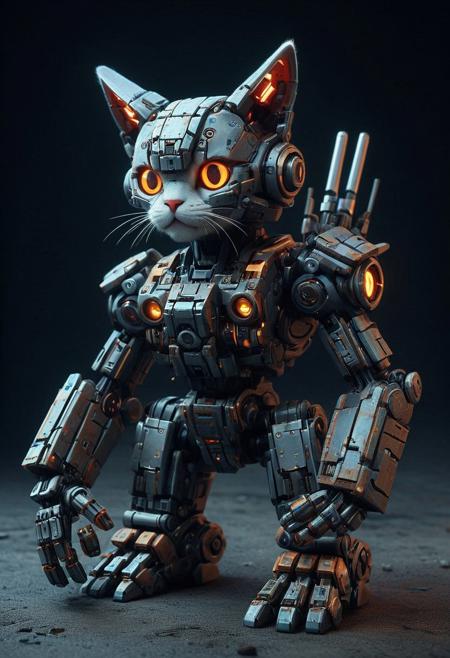 (((score_9, Score_8_up, score_7_up))),  Cute kitten, battle-worn mech robot designed for a futuristic combat game. The mech should have heavy armor plating, with visible joints and glowing power cores. Include weapons mounted on its arms, such as missile launchers and a plasma cannon. The design should showcase mechanical details, rust, and dents to emphasize its use in combat, with glowing rgb lights indicating its power source