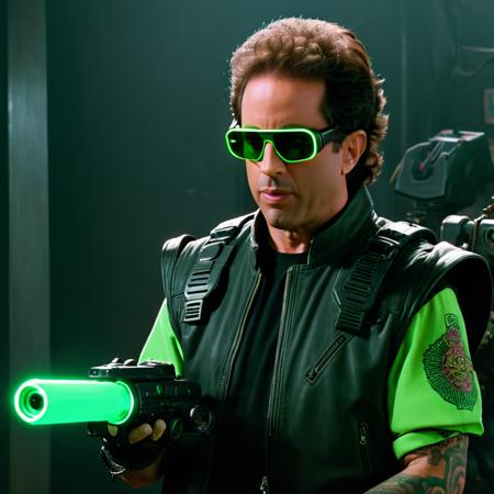 Jerry Seinfeld in a surrealist Cyberpunk 2077 world, wearing virtual reality sunglasses, glowing green glove, realistic hair, 1990s sitcom, prosthetic robot arm, short sleeves, arm tattoos, holding gun
 <lora:Jerry_Seinfeld-000006:1>