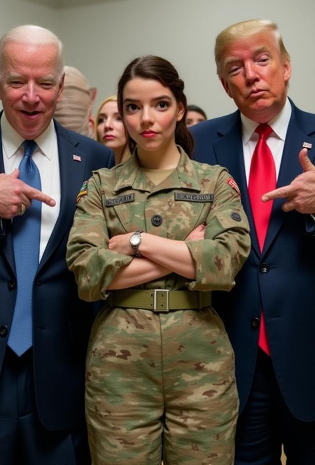 A woman in a modern Air Force combat uniform stands confidently between Donald Trump and Joe Biden. She folds her arms across her chest, radiating calm authority. The uniform, in camouflage patterns, includes a tactical belt and patches on her sleeves, with her hair neatly tucked under a cap, adding to the no-nonsense vibe. On either side, Trump and Biden strike playful finger-gun poses, creating an amusing contrast to her composed demeanor. Trump, dressed in his signature navy suit and red tie, flashes a mischievous grin, while Biden, wearing a dark suit with a blue tie, offers a warm smile. The surreal combination of the serious military presence and playful political gestures gives the scene a quirky charm. In the background, a hint of a public space or event setting adds subtle depth, but the trio remains the center of attention.