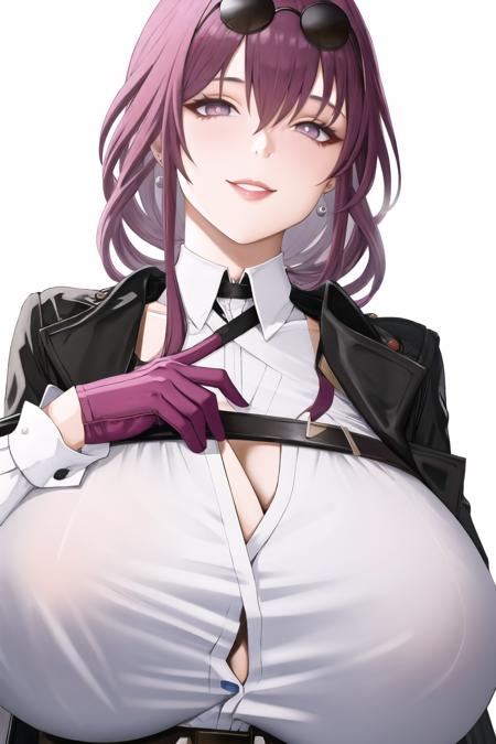 1girl, solo, long hair, looking at viewer, smile, shirt, gloves, long sleeves, white background, jewelry, jacket, white shirt, upper body, purple hair, earrings, coat, sunglasses, pointing, eyewear on head, round eyewear,star-kafka, (mature female:1.4),realistic <lora:kafka-v3-nai-13ep-resize:0.75>   (huge breasts:1.2) <lora:Chomikuplus-Style-000155:1>