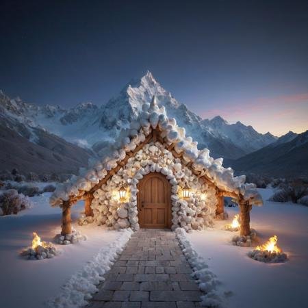 urban landscape, ice caves,snowcapped peak,night vision,sky BREAK <lora:popc:1>popc astral archive of ancient wisdom, clay tiles roof,rhyolite stone,metal cladding, pathway lights,tiki torches with fire, garden lighting