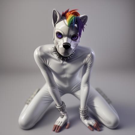 puppernova,all white pup mask,puppy,white puppy mask,white pup hood,skinny,slender,thin,spikey rainbow mohawk,all white latex suit,white boots,white platform boots,buckles,white spike bracelets,white spike collar,shinny white,squeaky,rubber pup,solo:1.5,gloves,1boy,male focus,boots,fingerless gloves,white bodysuit,all white mask,white helmet,white ears,<lora:More_details:1>,<lora:Furtastic_Detailer:1>,anime eyes,two tone blue and purple eye color,<lora:puppernova:0.6>,puppernova pup,(highly detailed:1.4),(detailed face:1.4),skin tight shiny bodysuit,on hands and knees,on all fours,
Random view point,