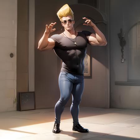 ((masterpiece, best quality)),(complex lighting), solo, full body, 1boy, johnny bravo,sunglasses, black shirt,  <lora:johnnyBravo1-10:0.6>, denim pants,