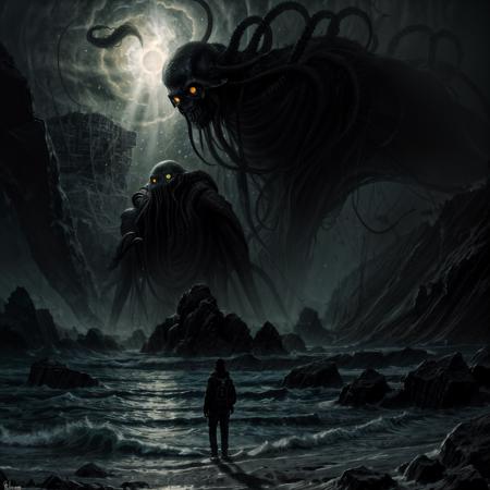 Realistic. Highest quality. a terrifying render of the Great Cthulhu, dark and angry, gigantic, eyes glowing. Walking. Background: ethereal mists, black holes. Foreground: beach with black rocks, claustrophobia and hopeless, concept art, disco elysium painting style, expressive brush marks, low angle dramatic shot, cinematic, DarkSpheraStyle <lora:DarkSpheraStyle:0.6> <lora:more_details:1>