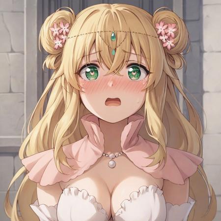 altena elgard ratis, 1girl, blonde hair, long hair, hair between eyes, green eyes, hair bun, double bun,  breasts, dress, cleavage, gloves, elbow gloves, hair ornament, hair flower, flower, white gloves, jewelry, necklace, thighhighs, white dress, capelet, high heels, garter straps ,