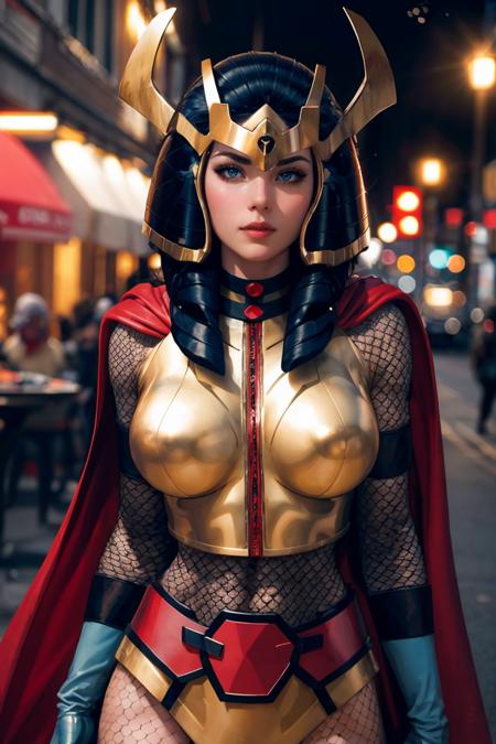 CARTOON_DC_big_barda_ownwaifu, www.ownwaifu.com,
breasts, large breasts, tall female, makeup, lipstick, lips, blue eyes, black hair, curvy, toned, 
cape, helmet, armor, red cape, gloves, superhero, bodysuit, fishnets, yellow gloves, fishnet bodysuit, shoulder armor, belt, breastplate, gold armor, horns, 
<lora:CARTOON_DC_big_barda_ownwaifu-15:0.8>, official art,extremely detailed CG unity 8k wallpaper, perfect lighting,Colorful, Bright_Front_face_Lighting,shiny skin, (masterpiece:1.0),(best_quality:1.0), ultra high res,4K,ultra-detailed, photography, 8K, HDR, highres, (absurdres:1.2), Kodak portra 400, film grain, blurry background, (bokeh:1.2), lens flare, (vibrant_color:1.2),professional photograph, (beautiful_face:1.5),