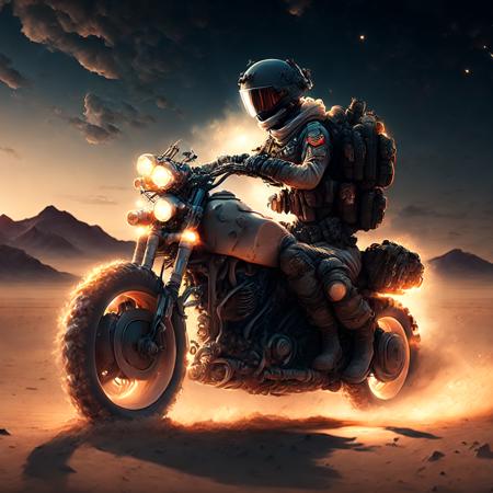 anime, a soldier on a motorcycle in the desert at night (armybiker style:1)  <lora:djzArmyBiker:0.8>