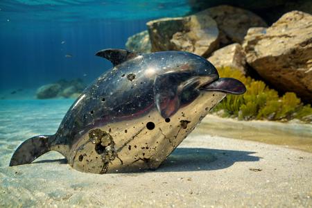 (best quality, masterpiece, award-winning, perfect) a dolphin made of crackedpyrite, side view, intricate detail, underwater, <lora:CrackedPyrite:1.2>