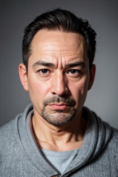 Man, age 46 years old, serious, portrait, linkedin, grey background,