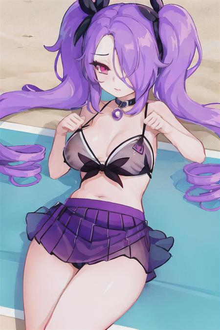  generica, 1girl, solo, skirt, purple hair, hair over one eye, purple eyes, long hair, twintails, drill hair, ((white skin))