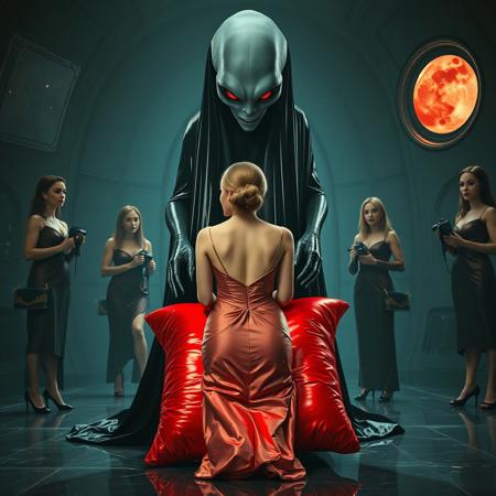 high-society elegant slender norvegian rich innocent young bride  kneeling  at weird red glossy foil pillow from behind. She is ensnared by a towering, gray human-like alien, draped in a long, glossy wet-look black slime cloak, its eyes gleaming red with an otherworldly intensity.  its hands put  slimy  mind parasyte  at her head. Surrounded by strict ladies wearing  glossy satin dominatrix attire and glossy high heels,  holding camdles.   weird wet-look black slime  walls and floor, colossus observation blister to outer space full of stars, bright red moon, vintage-inspired makeup, long hairs, ultra thin waist, evil grin, porcelain skin, lipstick, red nails, in the style of a haunting, retro-futuristic 1950s sci-fi nightmare, horror, alien space base,,