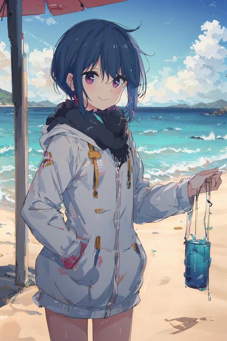 (masterpiece:1.4), (best qualit:1.4), (high resolution:1.4), shima rin, looking at viewer, smile, beach, colorful, high contrast <lora:yurucamp_movie_shimaRin_v1:1>