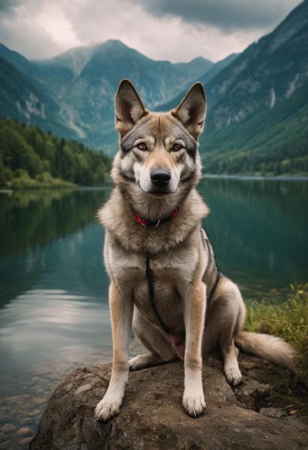 Blindfolded Czechoslovakian wolfdog, precision nose length 10 cm, crouched on outcrop, tranquil lake setting, intense forward gaze, towering mountain tops softly blurred, forest backdrop, gentle mist cloak, Soviet pop surrealism, mystical shades, deep saturated hues, expressive oversized eyes, glossy coat, striking features, high-contrast, retro pin-up aesthetics,