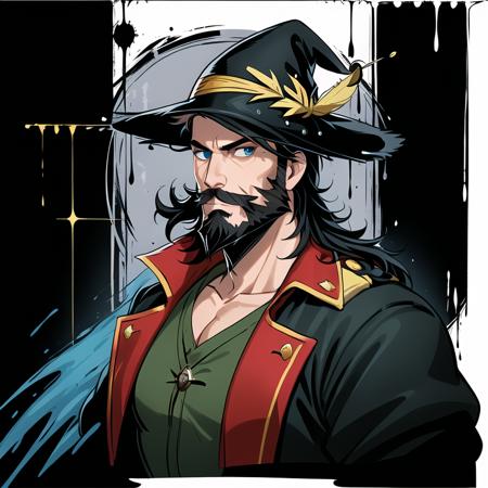 (masterpiece, best quality:1.1), pxint, 1boy, male focus, serious face, looking at viewer, (captain hook:1.05), from peter pan, black hat with feather, black hair and beard, red coat, hook for a hand, thin mustache, detailed eyes, portrait, flowing, with a splash of paint, (abstract:0.8)