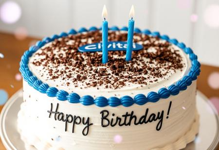 Large cake intricately decorated, blue rim, Civitai logo, 2 blue candles on it, shallow depth of field, party glitter in the air. Text in handwritten font "Happy Birthday!" On cake